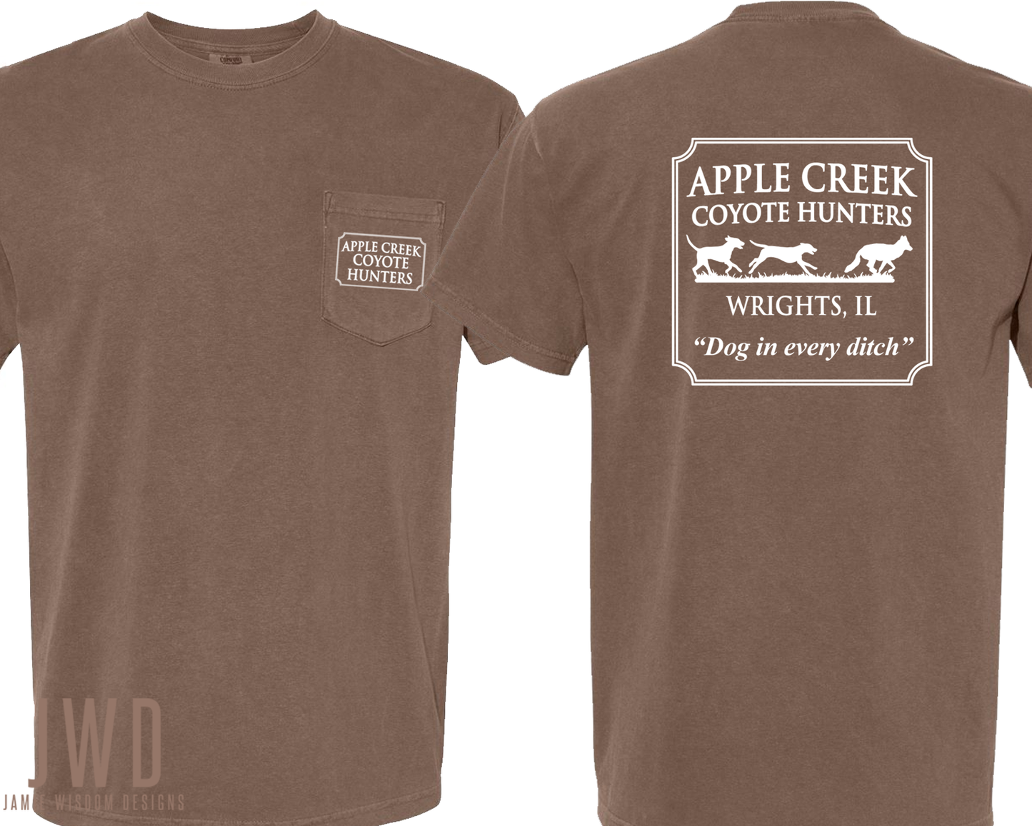 Apple Creek Coyote Hunters - Comfort Colors Unisex Adult Pocket T-Shirt - Espresso Color