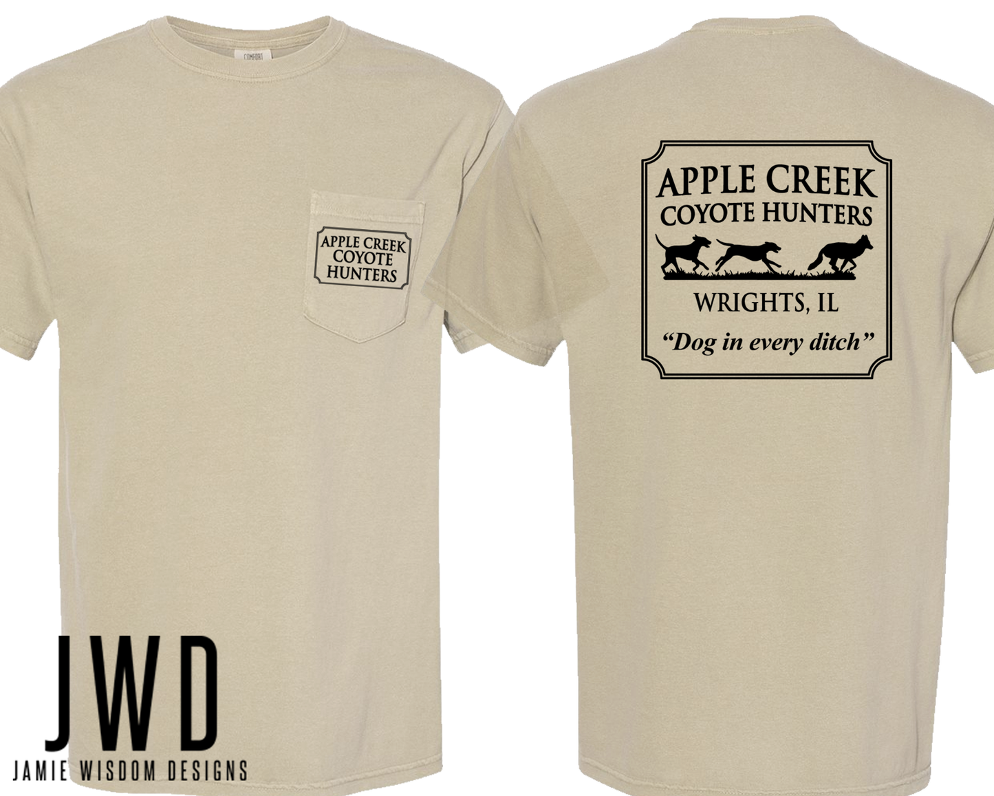Apple Creek Coyote Hunters - Comfort Colors Unisex Adult Pocket T-Shirt - Khaki Color
