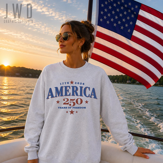AMERICA TURNS 250 GILDAN ASH GREY SWEATSHIRT - YOUTH + ADULT UNISEX SIZES